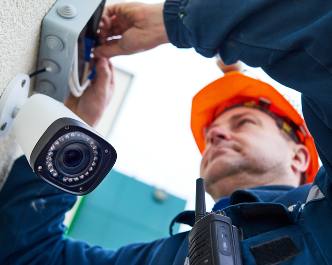 Technician installing a video surveillance camera