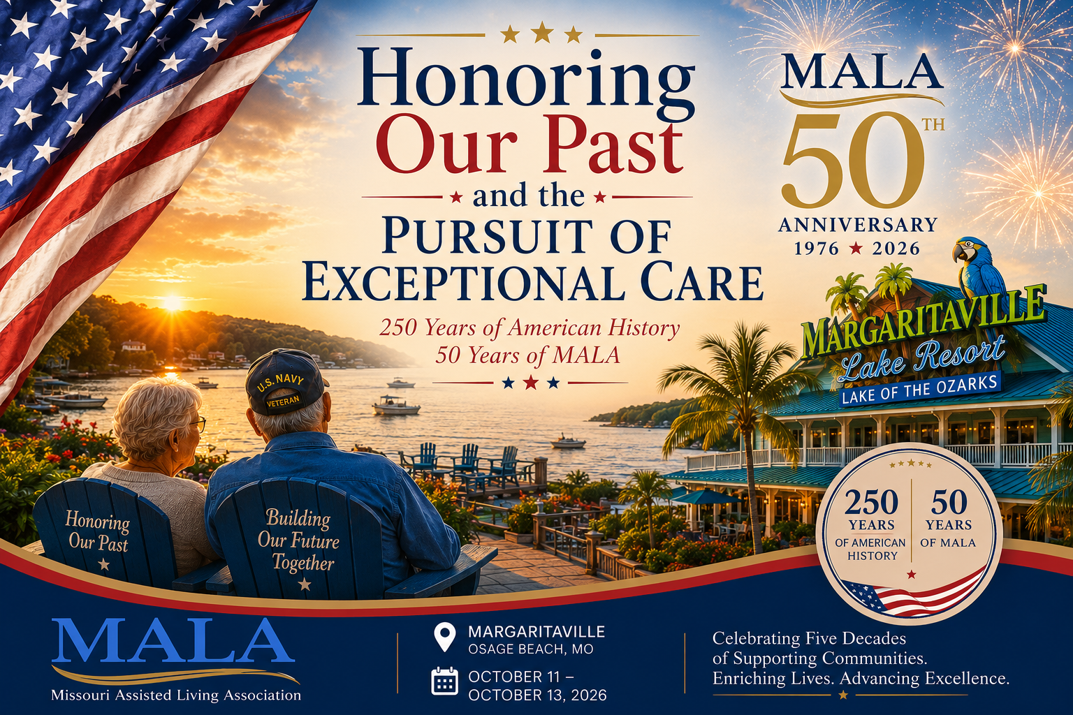 Infographic flyer celebrating MALA 50th Anniversary and 250th Anniversary of American History, Fireworks and Bright Colors with couple overlooking the sunset